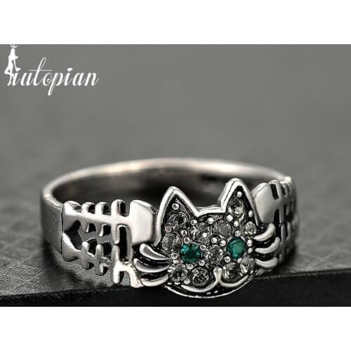 Iutopian Brand Vintage Retro Cute Cat And Bone Ring Anels For Women Anti Allergy Party Ring Gift #4955