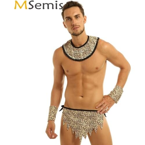 Mens Leopard Printed Lingerie Set Club Erotic Savage Caveman Cosplay Costume Collar Loincloth+Wristband Sissy Roleplay Nightwear