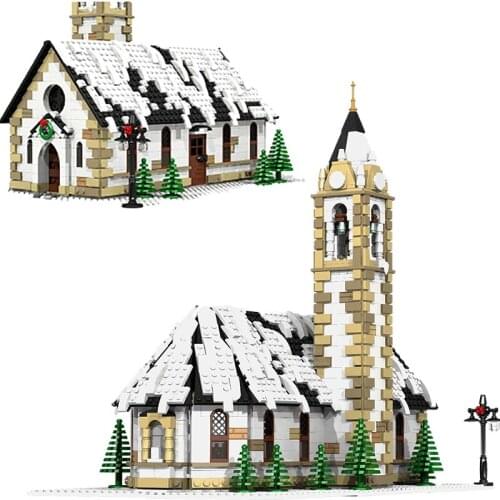 Winter Village Church Architecture Building Blocks MOC Creator Export Modular Constructions Bricks Set DIY Toys Christmas Gifts