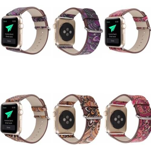 Leather Strap for Apple Watch band SE 38mm 42 40 44mm Flower Prints Vintage Floral National Folk series 6/5/4/3/2/1