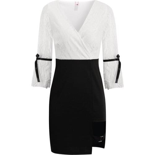 C2333 2020 Spring new women fashion sexy deep V neckline low-cut lace patchwork hollow-out long sleeve dress cheap wholesale