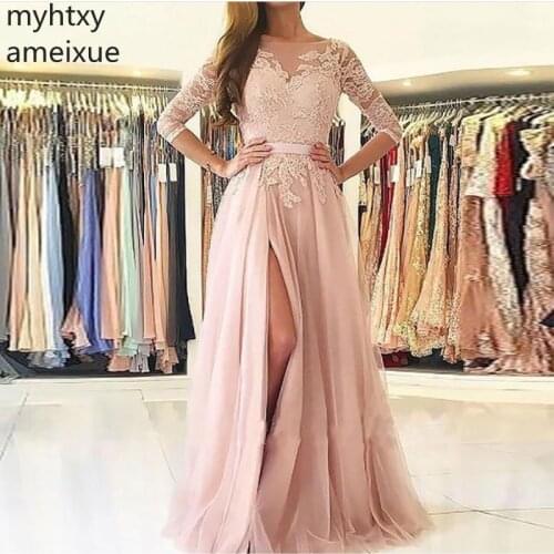 Event Half Sleeves Lace Appliques Prom Dresses 2020 New Formal Party Gowns Sexy Front Split Pink Long Tulle Elegant