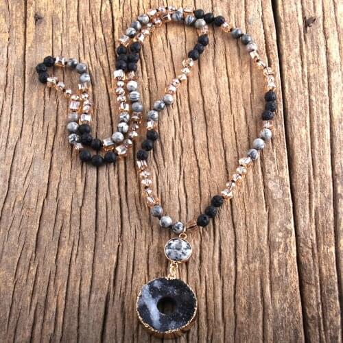 RH Fashion Boho Jewelry Accessory 6mm Stones Long Knotted With Round Druzy Pendant Necklaces Femme Bohemia Necklace Gift