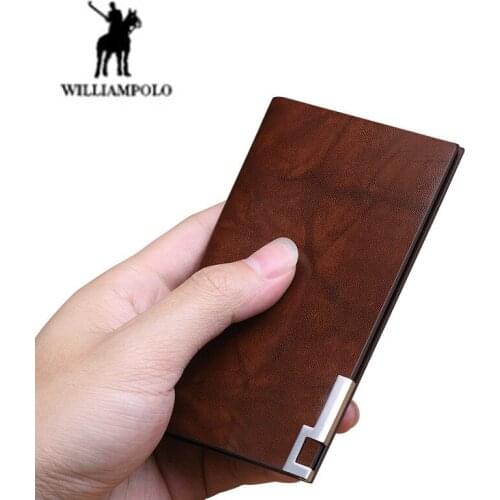 WILLIAMPOLO Mens Wallet Fashion Pure Leather Card Holder Metal Side Wallet Credit Card Box Drivers license folder carteira