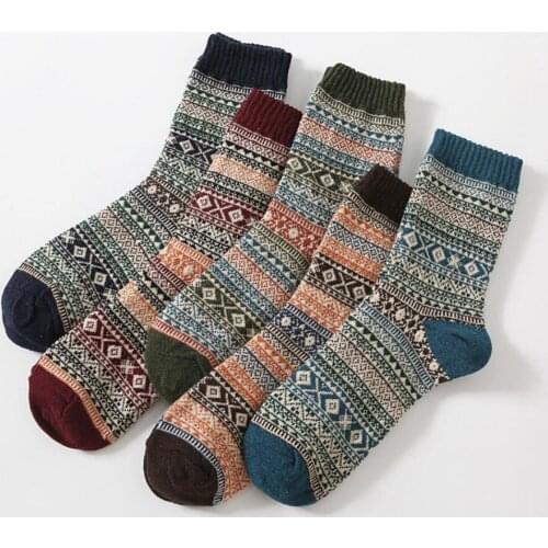 5pairs New Winter Warm Mens Socks Thickened Knitted Wool and Cotton Sock Retro Stripe Design Male Casual Fashion Socks