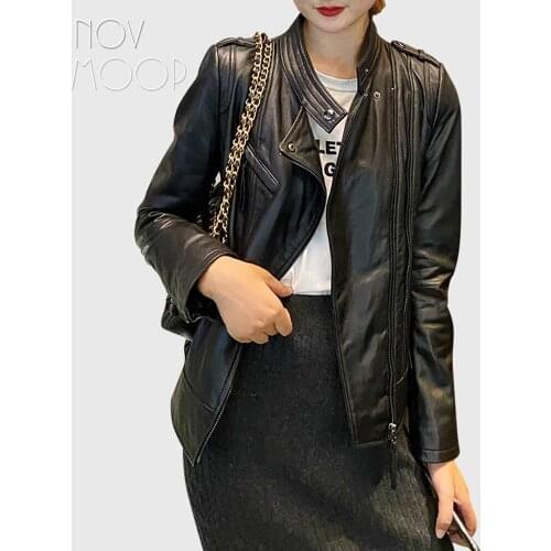 Novmoop chic and simple style women motocycle genuine leather jacket sheepskin LT3293