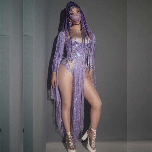 Sexy Purple Tassel Rhinestone Spandex Stretch Bodysuit Women Singer Dancer Party Show Leotard Stage Wear Latin Dance Costume