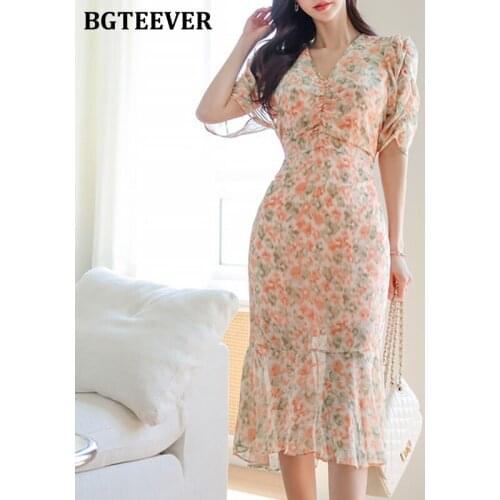 BGTEEVER Elegant V-neck Women Floral Print Package Hip Dress Short Sleeve Slim Waist Vintage Female Midi Dress 2021 Summer