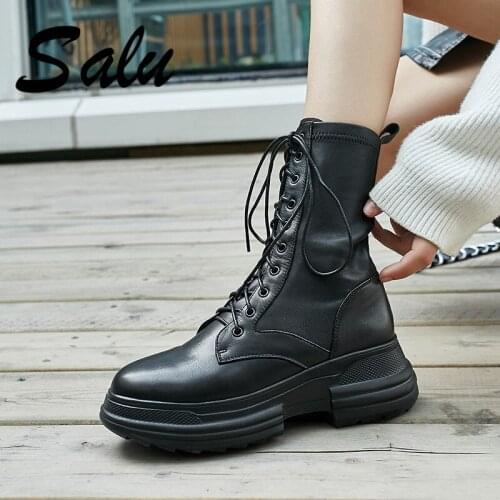 Salu Ankle Boots High Quality Brand Genuine Leather Shoes Woman Handmade Lace-up Platform Heel Round Toe Boots