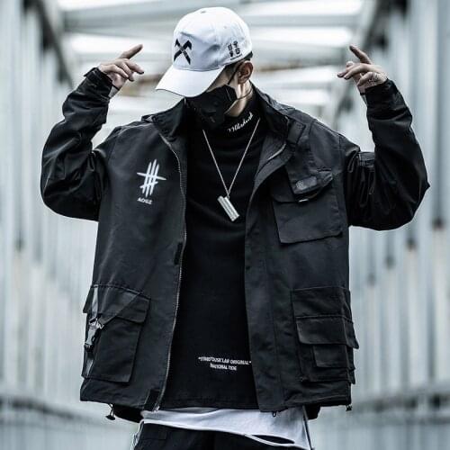 Tactical Functional Cargo Reflective Jackets Coats Men Techwear Black Streetwear Pullover Multi-Pocket Hoody Casual Windbreaker