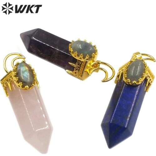 WT-P1492 Natural Stone Pendant Cry stal Pillar Shape Natural Gem Stone with Crescent Hook Pendant Stone Pendant Fashion Jewel