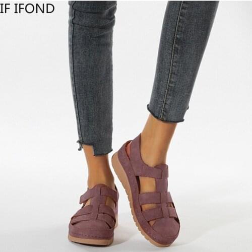 IF IFOND 2021 Women Sandals Summer Vintage Wedge Shoes For Woman Casual Leather Gladiator Sandals Platform Shoes Plus Size 42