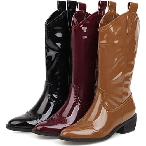 YMECHIC 2020 Winter Chunky Block Heels Womens Shoes Black Yellow Patent Pu Leather Ride Mid Calf Western Cowboy Boots for Women