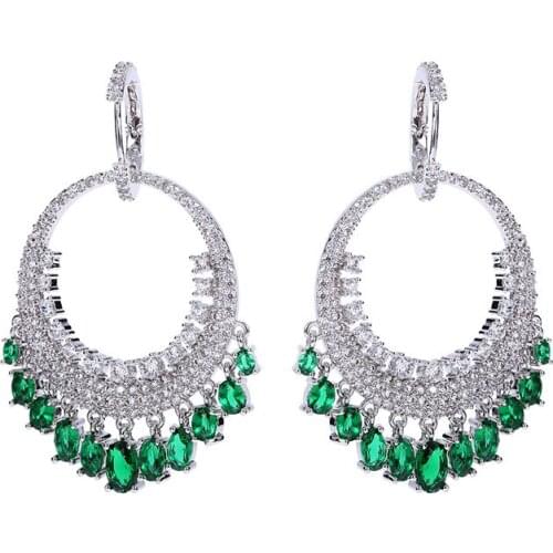 Fashion Big Round Ethnic Dangling Drop Earrings for Women Green Clear CZ Wedding Dress Accessories Pendientes Mujer