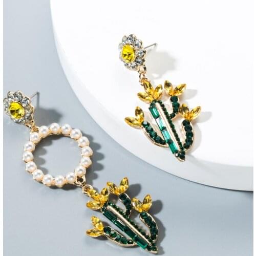 Green Cactus drop Earrings Women bohe fashion Geometric Asymmetric hollow Leaf Flower crystal drop earrings Jewelry wholesale