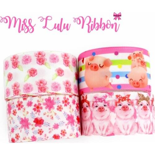 16mm-75mm Funny Pig Pink Flower Rose Printed Grosgrain/Foe Ribbon Cute Cartoon DIY Hair Bowknots 50yards/roll