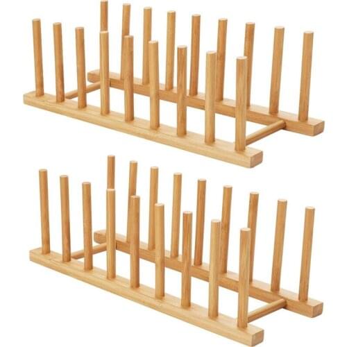 2Pcs Bamboo Dish Plate Bowl Cup Book Pot Lid Cutting Board Drying Rack Stand Drainer Storage Holder Organizer Kitchen
