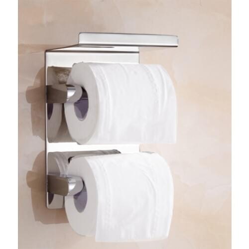 304 Stainless Steel WC Paper Holders Creative Wall Mounted Double Toilet Paper Holder with Shelf Bathroom Tissue Roll Towel Rack