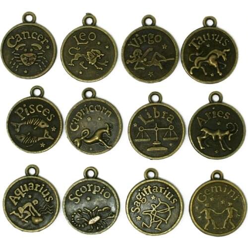 36pcs/lot Round New Assorted Constellation Signs of Zodiac Vintage Bronze Alloy Charms Pendant Fit Jewelery,YiWu CN-BJI195-77