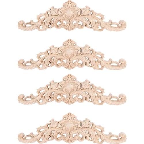 4Pcs Carving Natural Wood Appliques for Furniture Cabinet Unpainted Wooden Mouldings Decal Vintage Home Decor Decorative