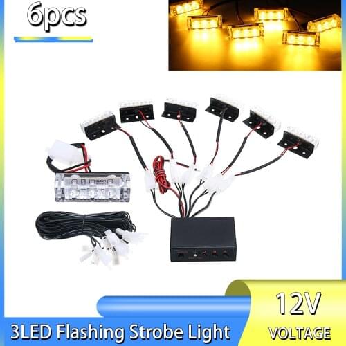 6pcs 12V Amber 3 LED Car Truck LED Bright Flashing Blink Grill Lamp Strobe Lights Amber for Recovery Vehicles Truck