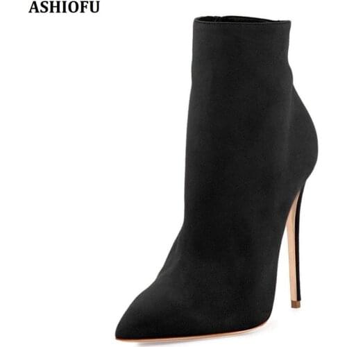 ASHIOFU Handmade Women High Heel Boots Kid-suede Leather Ankle Booties Party Prom Dress Fashion Short Boots Shoes