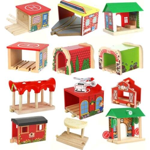 Wooden Railway Cave Tunnel Parking Station Accessories Fit for Biro Wood Track Educational Toys for Children Gifts
