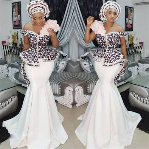 Nigerian Stylish Aso Ebi Mermaid Evening Dresses Sexy Off Shoulder Lace Applique Peplum Dubai Party Dresses Glamorous Satin long