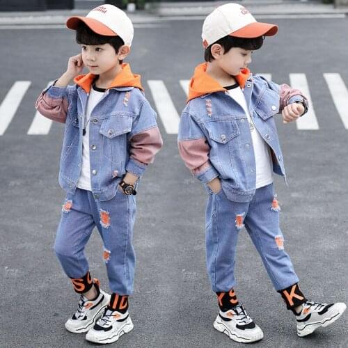 Two Piece Kids Sets Jeans Jackets Spring Children Denim Coats Cotton Letter Hooded Outerwear Clothes 8 To 12 Yrs Toddler Tops
