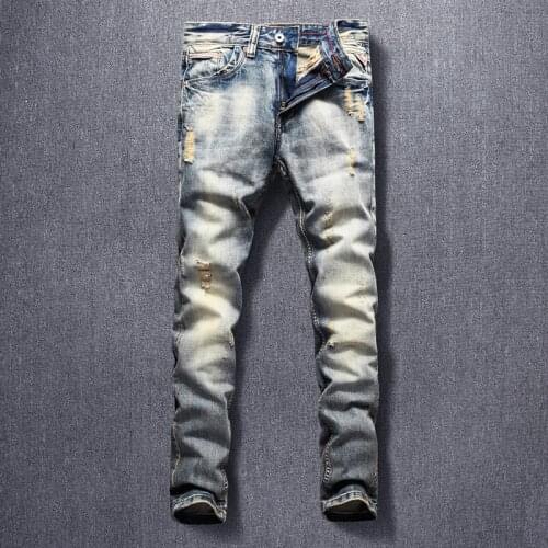Italian Style Fashion Men Jeans High Quality Retro Blue Yellow Slim Fit Ripped Jeans Men Vintage Designer Classical Denim Pants