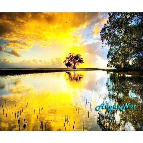 Sunset diamond painting cross stitch scenery wall art deocr lake tree diamond dots picture resin embroidery sticker needlework