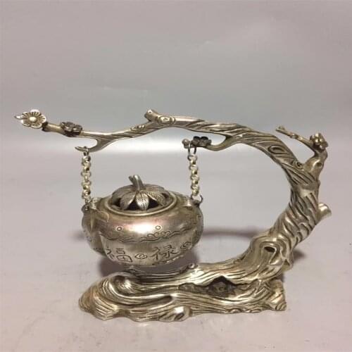 Chinese Tibetan Silver Carving Blessing Longevity Buddhist Incense Burner Hanging Furnaces Bronze Carvings Fengshui Decoration