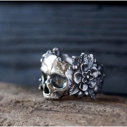 Secret Boy Gothic Mexican Flower Sugar Skull Rings Women Silver Colour Stainless Steel Punk Flowers Ring Jewelry