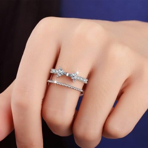 925 Sterling Silver Crystal Bowknot Rings For Women Wedding Birthday Finger Ring Jewelry jz436
