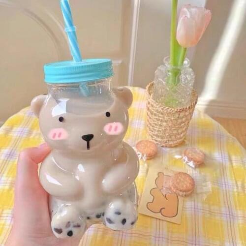 Korean Style Kawaii Bear Straw Cup Glass Large Capacity 550ml Water Cup Heat Resistant Juice Milk Cup Girl Water Cup Simple