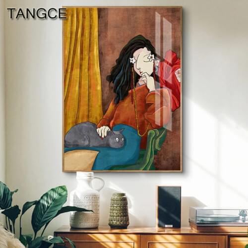 Cartoon long-haired Girl with Cat Posters Prints Picasso Style Abstract Canvas Painting Colorful Wall Pictures for Living Room