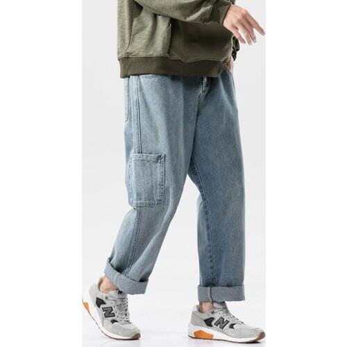 Mens Jeans Casual Wide Leg Jeans Mans Hip Hop Streetwear Korean Style Denim Trousers Casual Straight Denim Pants Ankle-Length