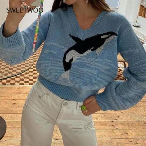 2021 European and American Spring and Autumn New Sweater Female Dolphin Print Casual Long-Sleeved Loose Pullover Knitted Sweater