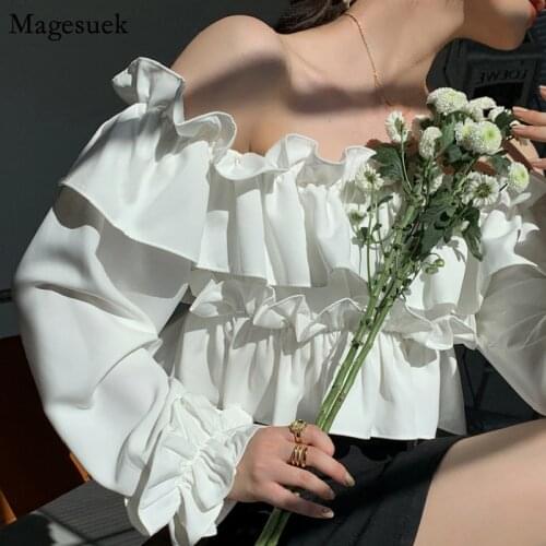 Autumn Off Shoulder Chiffon Shirt Women Long Sleeve Slash Neck Blouse Solid Ruffles Sweet Casual Puff Sleeve Tops Blusas 15670