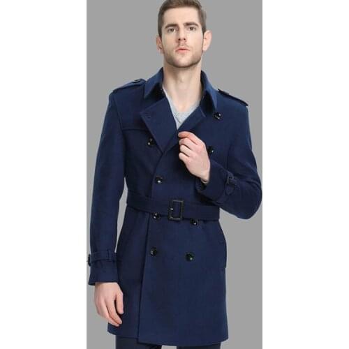 Blue casual woolen coat men Double-breasted trench coats autumn winter long sleeves overcoat mens cashmere coat casaco england