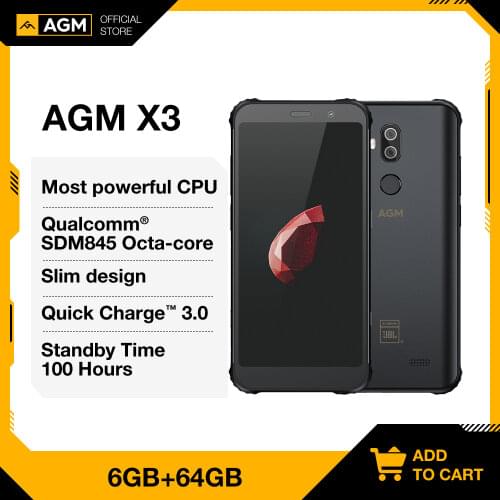 OFFICIAL AGM X3 JBL Cobranding 5.99'' 6G+64G NFC Smartphone 4100mAh IP68 Android 8.1 Mobile phone SDM845 Quick Charge Cellphone