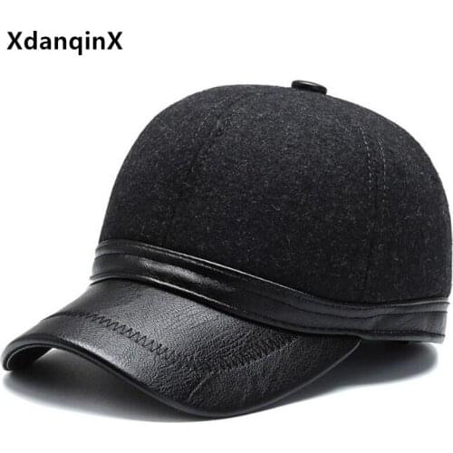 XdanqinX winter new mens hats thick warm baseball cap earmuffs cap chapeau adjustable size sports caps dad hats winter warm hat
