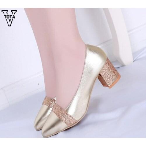 VTOTA Fashion Bling Shoes Woman Pointed Toe Women Pumps Work Slip-on Square Heel Zapatos Mujer Platform Shoes Med heels FC13