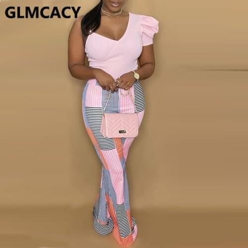 Women Two Piece Sweet Suits One Shoulder Pink Top & Striped Loose Pants Set