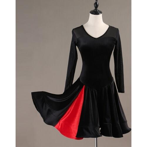 Women Latin Dance Dress Meek Splice Black Red Skirt Long Sleeve Rumba Cha Cha Samba Performance Dance Dress Sell Like Hot Cakes