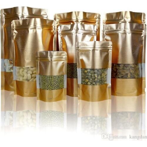 Gold Stand Up Mylar Zipper lock Bags with Window Aluminum Foil Resealable Food Packing Pouch Seal Foil candy snacks packing valv