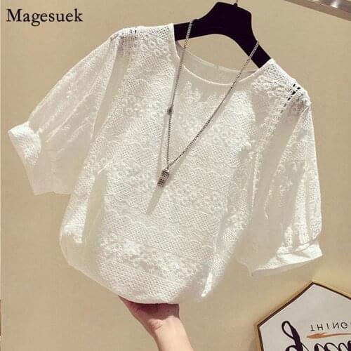 Embroidery Cotton Casual Lace Blouse Women Korean Fashion Summer Loose White Shirts O Neck Hollow Floral Sweet Top Femme 15378