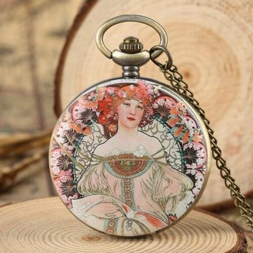 Vogue Beauty Woman Flowers Cover Quartz Pocket Watch Fashion Sweater Necklace Chain Clock Souvenir Gifts for Women Girls Friends