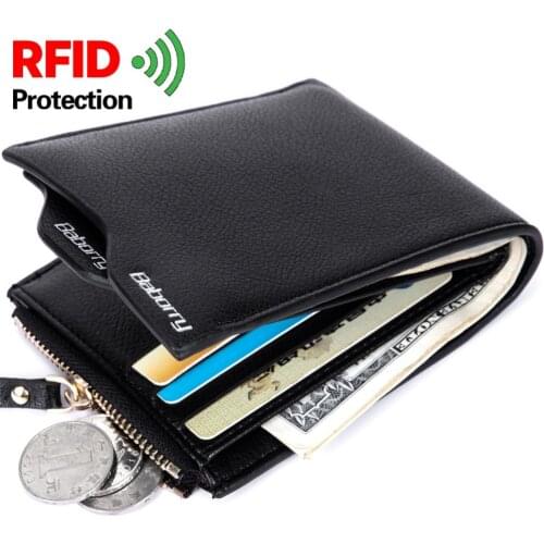 Design RFID Protection Blocking Stop Wallet Vintage Casual Men Short Purse PU Leather Zipper Coin Pouch Card Case Anti-Theft