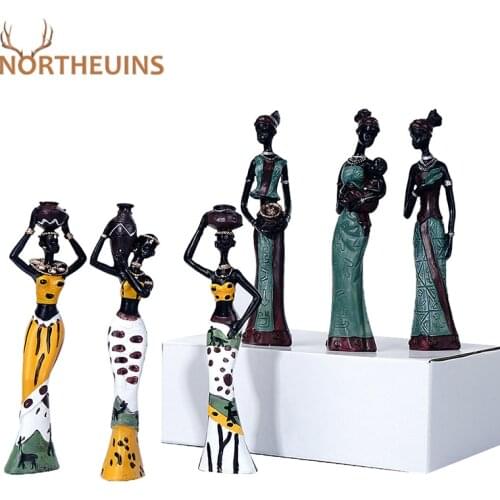 NORTHUEINS 3pcs/set Resin African Woman Figurines Black Statue Creative Figurines for Interior Modern Home Decoration Desk Decor